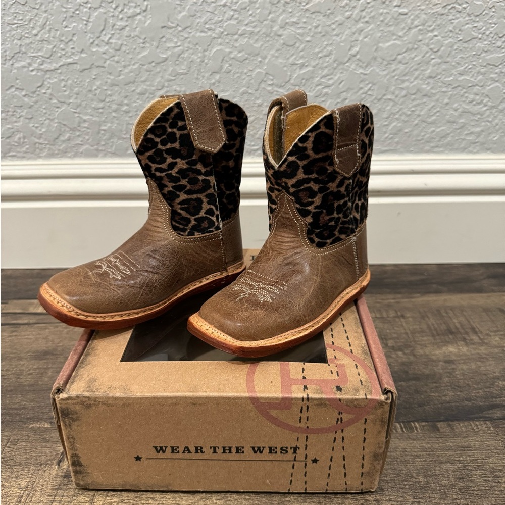 Roper Brown Leather Kids Boots with Leopard Print Shaft